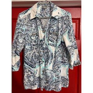 JM Collection Petite Blue White Paisley Linen Blend 3/4 Sleeve Shirt 12P